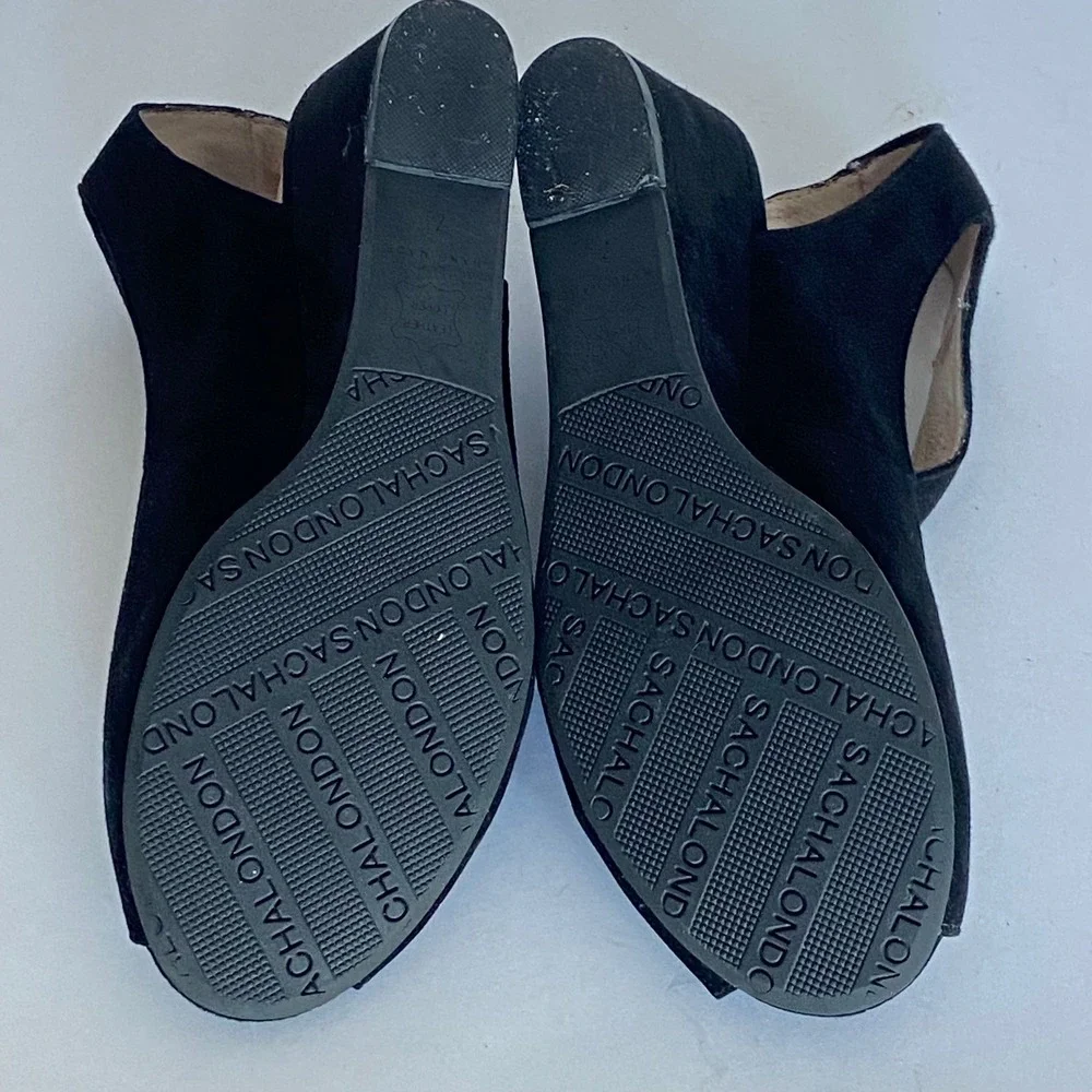 Sacha London Black Suede Peep Toe Wedge Sandals Ankle Strap Womens 7.5 Hand Made
